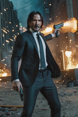 8K, UHD, first-person low-angle perspective, panoramic, photo-realistic, cinematic, destopian lighting, John Wick with pistol, spark from pistol, bullets flying, shooting at multiple enemies in armoured suit, fighting scene from John Wick movie