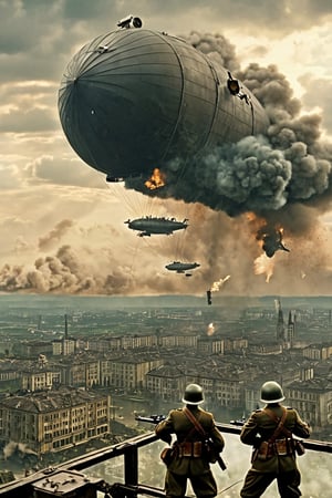 8K, UHD, panaromic perspective, photo-realistic, cinematic, german soldiers shooting machineguns at sky, first-person-view from top of building, photo of many german steampunk blimps in sky, many fighter aircrafts, volumetric cinematic dark light, vintage tinted, dystopian lighting, masterpiece, dark clouds, world war 1, perfect composition, pilot with gas mask in blimp, dystopian skies, old photograph colour, war scene, battle, nazi soldier, tall building, devastation below, demolished buildings, multiple explosions, bombs dropping