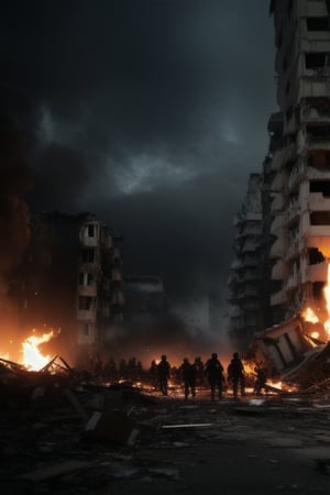 8K, UHD, wide angle shot, photo-realistic, cinematic, \Crisis, explosions, tragedy, Masterpiece, intense destruction scene with dark atmosphere, dramatic lighting, destroyed buildings, panicked civilians, a sense of imminent danger, unsettling and immersive image that captures the chaos and terror of children, a group of children crying, bloody war, extremely complex, extremely impressive with intricate details