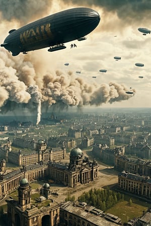 8K, UHD, panaromic perspective, photo-realistic, cinematic, german soldiers shooting at sky, first-person-view from top of building, photo of many german steampunk blimps in sky, many fighter aircrafts, volumetric cinematic dark light, vintage tinted, dystopian lighting, masterpiece, dark clouds, world war 1, perfect composition, pilot with gas mask in blimp, dystopian skies, old photograph colour, war scene, battle, nazi soldier, tall building, devastation below, demolished buildings, multiple explosions, bombs dropping