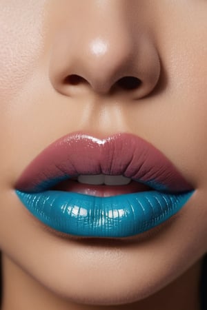 8K, UHD,  macro view, perspective. ultra-detailed, photo-realistic, (female lips:1.1) realistic skin texture and natural skintone, pores, cinematic, crop lips only, beautiful. turquiose blue lipstick colour