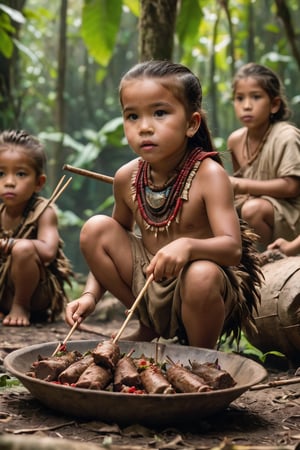 8K, UHD, full_body perspective shot, portrait, photo-realistic, cinematic, ancient mohicans civilization, children eating boar meat on sticks, clothed, tribe village in the jungle, close to nature, perfect lighting, peaceful, tranquil, vintage photo, dirt face, depth of field, bokeh