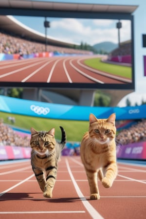 8K, UHD, low-angle perspective, panoramic, photo-realistic, first-person view, cinematic, olympics multiple cats competing in the 100m track-and-fields, olympics billboards, crowd in background blur