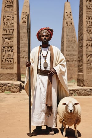 8K, UHD, portrait, full_body perspective, photo-realistic, cinematic, photo of ancient ethopia shepherds with rod, cattle., 800 BCE, dark skin, perfect composition, beautiful detailed intricate ancient Lalibela style fashion, detailed patterned fabric headwear, stone jewelry, perfect light, masterpiece, extravagant city of Aksum palace, stone churches, Sabean architecture, obelisk with carvings, Aksumite Civilizations, sheeps