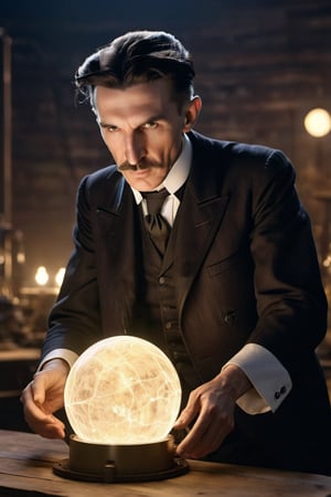 8K, UHD, wide-angle perspective, candid view, photo-realistic, realistic skin texture and natural skintone, cinematic, photo of (Nikola Tesla:1.1) experimenting with frequencies, testing the earth's ether, spherical-top Wardenclyffe Towers passing electricity wirelessly, auroras in earths ionosphere, night skies, amazing lights, transmitting energy, old world city