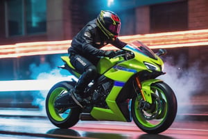 8K, UHD, low angle shot, photo-realistic, cinematic, dramatic angle crop, night street buildings scene with neon streaks, slow shutter speed, (big motorbike banking very super low:1.1) knee touching road, eyes seen through helmet, rider wearing gp racewear, beautiful 1800cc futuristc bike with neon lights, focused look, depth of field, small sparks on wheel, smoke on back wheel,  chased by police car in background