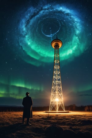 8K, UHD, low wide-angle, panaromic perspective, photo-realistic, cinematic, Nicola Tesla experimenting with frequencies, testing the earth's ether, Wardenclyffe Tower passing electricity wirelessly, auroras in earths ionosphere, night skies, amazing lights, transmitting energy