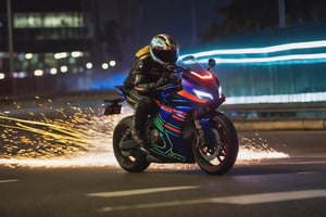 8K, UHD, low angle shot, photo-realistic, cinematic, dramatic angle crop, night street buildings scene with neon streaks, dark night, slow shutter speed, (big motorbike banking very super low:1.1) knee touching road, eyes seen through helmet, rider wearing gp racewear, beautiful 1800cc futuristic bike with neon lights, focused look, depth of field, small sparks on wheel, smoke on back wheel, wild chased by emergency vehicle in background
