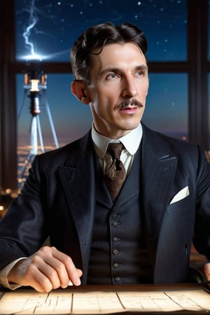 8K, UHD, wide-angle perspective, photo-realistic, realistic skin texture and natural skintone, cinematic, Nikola Tesla, in the office experimenting with frequencies, Wardenclyffe Towers passing electricity wirelessly, testing the earth's ether,  auroras in earths ionosphere, night skies, amazing lights, transmitting energy in the air