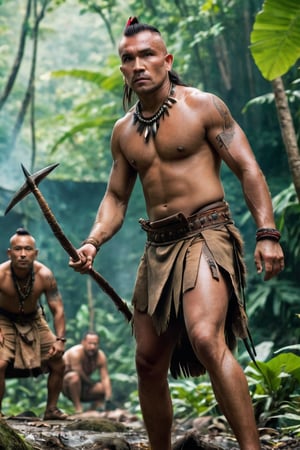 8K, UHD, full_body perspective shot, portrait, photo-realistic, cinematic, ancient mohicans civilization, multiple tribe members, villagers, spearing a dead boar, tribe village in the jungle, ultra-detailed, weapons, close to nature, perfect lighting, peaceful, tranquil, vintage photo feel, tattoos, dirt face, depth of field, bokeh