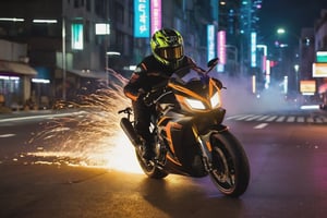 8K, UHD, low angle shot, photo-realistic, cinematic, dramatic angle crop, night street buildings scene with neon streaks, dark night, slow shutter speed, (big motorbike banking very super low:1.1) knee touching road, eyes seen through helmet, rider wearing gp racewear, beautiful 1800cc futuristc bike with neon lights, focused look, depth of field, small sparks on wheel, smoke on back wheel, wild chased by emergency car in background