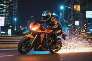 8K, UHD, low angle perspective shot, photo-realistic, cinematic, dramatic angle crop, night street buildings scene with neon streaks, dark night, slow shutter speed, (big motorbike banking very super low:1.1) knee touching road, eyes seen through helmet, rider wearing gp racewear, beautiful 1800cc futuristic bike with neon lights, focused look, depth of field, small sparks on wheel, smoke on back wheel, wild chase by emergency vehicle in background