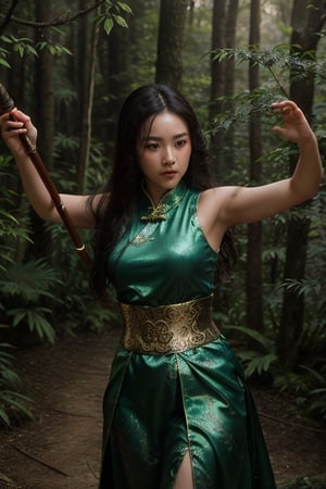 dreamlike movie photo of beautiful chinese sexy wuxia girl in a magical forest holding a sword, wushu pose, surreal fantasy, highly detailed, in picturesque treetops. Forlorn. Long Exposure. cinematic, atmospheric lighting, detailed foliage, surreal atmosphere, photo-realistic portrait, t5_face, spark