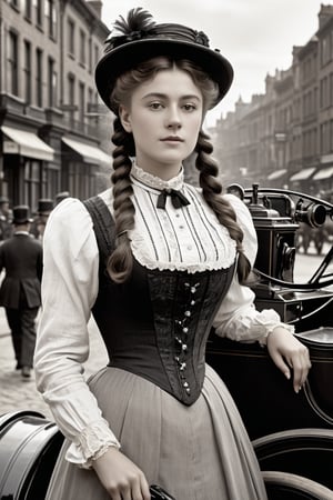 8K, UHD, medium format, photorealistic, portrait, black and white photo, B&W, Edwardian Era, early 1900s fashion, year 1896, (victorian girl in the streets:1.1) busy 19th Century streets, horse-carriages and men, vintage gasoline-powered vehicle in background