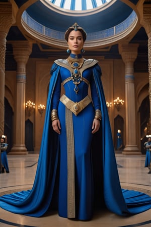 8K, UHD, full-body view, low-angle perspective, panoramic, photo-realistic, cinematic, scene from dune movie, portrait of beauty Atreides princess, adorned with jewellery, blue clothings, indoor beautiful palace bases, guarded by guards with weapons