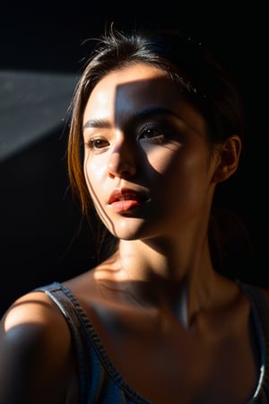 8K, UHD, Fujifilm XT1, angled perspective portraits, photo-realistic, show face only, pretty girl in front of black background, (geometric light cast on face:1.2) geometrical harsh natural highlights on face, intense sunlight shining through geometrical shapes casting light shadows