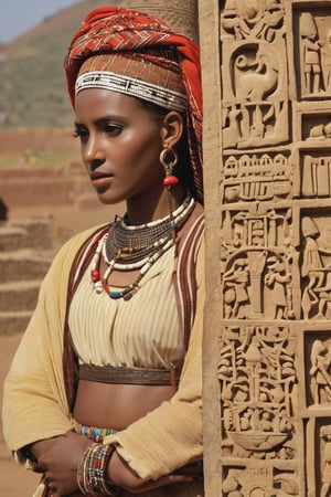 8K, UHD, portrait, full_body shot, photo-realistic, cinematic, photo of ancient ethopia women doing farming, 800 BCE, dark skin, perfect composition, beautiful detailed intricate ancient Lalibela style fashion, detailed patterned headwear, stone jewelry, perfect light, masterpiece, extravagant city of Aksum palace, stone churches, Sabean architecture, obelisk with carvings, Aksumite Civilizations, pet walia ibex