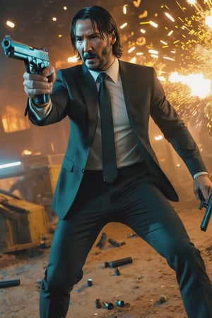 8K, UHD, first-person low-angle perspective, panoramic, photo-realistic, cinematic, destopian lighting, John Wick with pistol, spark from pistol, bullets flying, multiple enemies in armoured suit fighting scene from John Wick movie