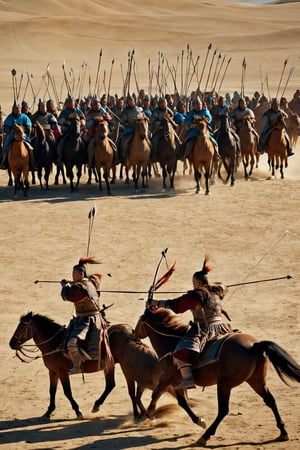 8K, UHD, panaromic shot, photo-realistic, cinematic, dark light, dystopian lighting, photo of mongolians, multiple mongol warriors, tanned skin, perfect composition, detailed intricate ancient mongolian fashion, fighters shooting bows and arrows, swords, war scene, battle, detailed face, fur, riding horses, sand volumetric, masterpiece, tents, charging on horses, gobi desert.