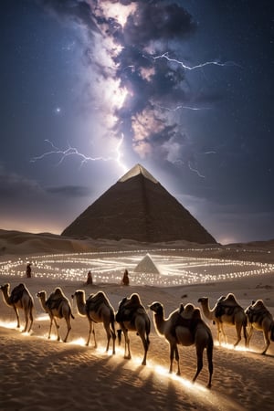 8K, UHD, low-angle ground view, photo-realistic, cinematic, first-person perspective, (white seamless Agate marble:1.1) polished surface pyramid, pure gold capstone, narrow canal of water across dessert, lightning sparks emitting from tip, shepherds in robes and hoodie herding camels, perfect lighting, stunning, dim skies, constellations clearly seen in skies, cosmic alignment 