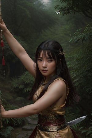 dreamlike movie trailer of beautiful chinese wuxia girl in a magical forest flinging a sharp sword, wushu pose, surreal fantasy, highly detailed, in picturesque treetops mountains. Forlorn. Long Exposure. cinematic, atmospheric lighting, detailed foliage, surreal atmosphere, photo-realistic portrait, t5_face