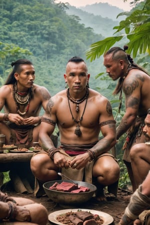 8K, UHD, full_body perspective shot, portrait, photo-realistic, cinematic, ancient mohicans civilization, multiple tribe members, villagers eating boar meat, clothed, tribe village in the jungle, close to nature, perfect lighting, peaceful, tranquil, vintage photo, tattoos, dirt face, depth of field, bokeh