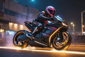 8K, UHD, low angle perspective shot, photo-realistic, cinematic, dramatic angle crop, night street buildings scene with neon streaks, dark night, slow shutter speed, (big motorbike banking very super low:1.1) knee touching road, eyes seen through helmet, rider wearing gp racewear, beautiful 1800cc futuristic bike with neon lights, skid and fall, depth of field, small sparks on wheel, smoke on back wheel (serious explosions in background:1.2)