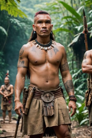 8K, UHD, full_body perspective shot, portrait, photo-realistic, cinematic, ancient mohicans civilization, multiple tribe members, villagers, tribe village in the jungle, ultra-detailed, weapons, close to nature, perfect lighting, peaceful, tranquil, vintage photo feel, tattoos, dirt face, depth of field, bokeh