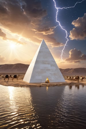 8K, UHD, low-angle ground view, hyper-realistic, cinematic, first-person perspective, (white seamless Agate marble:1.1) single polished smooth surface pyramid, pure gold capstone, narrow canal of water across dessert, lightning sparks emitting from tip, shepherds in robes and hoodie herding camels, perfect lighting, stunning, dim skies, constellations clearly seen in skies, cosmic alignment 