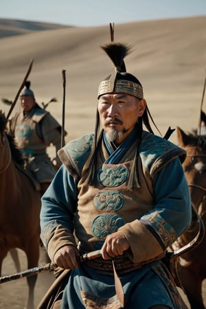 8K, UHD, panaromic shot, photo-realistic, cinematic, dark light, dystopian lighting, photo of ancient mongolians, old man, multiple mongol warriors, tanned skin, perfect composition, detailed intricate ancient mongolian fashion, fighters shooting bows and arrows, swords, war scene, battle, detailed patterned headwear, fur, riding horses, sand volumetric, masterpiece, tents, charging on horses, gobi desert.