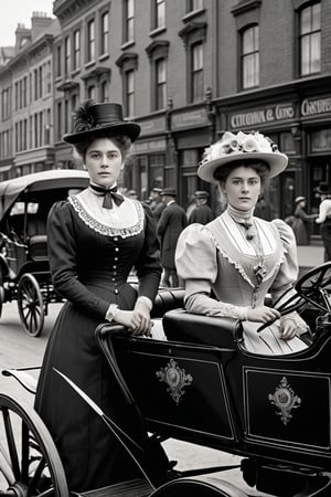 8K, UHD, medium format, photorealistic, portrait, black and white photo, B&W, Edwardian Era, early 1900s fashion, year 1896, (victorian women in the streets:1.1) busy 19th Century streets, horse-carriages and men, vintage gasoline-powered vehicle in background