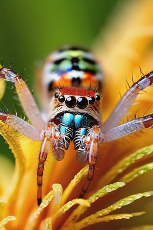 8K, UHD, super macro shot, ultra clear subject,   photo-realistic (colorful spider on plant:1.2) dramatic crop, ƒ/0.8, depth_of_field, 1/2000 shutter speed, super detailed, focus on eyes, insane details, blur background, magnification of 200x, flower