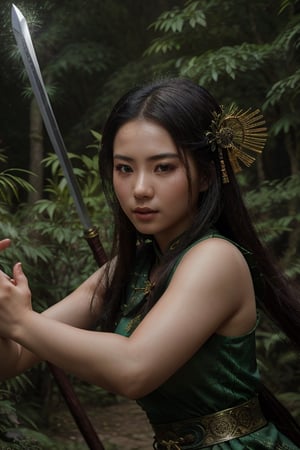 dreamlike movie photo of beautiful chinese sexy wuxia girl in a magical forest carrying a sharp sword, wushu pose, surreal fantasy, highly detailed, in picturesque treetops. Forlorn. Long Exposure. cinematic, atmospheric lighting, detailed foliage, surreal atmosphere, photo-realistic portrait, t5_face