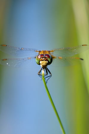 8K, UHD, perspective macro shot, photo-realistic, dragonfly 
flying straight towards camera (head-on:1.2) centered, looking perfectly ahead, perfect lighting, speed movements, slow shutter speed, motion blur, natural