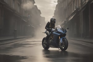 Rear view of sports motorbike, sportsbike with big Akrapovic exhaust. (ultra-realistic girl:1.1) (bend over riding) sleeveless leather, short torn pants, wide low angle view, intense close-up, wet city streets, cinematic, volumetric smoke, dusk, ambient occlusion,score_9