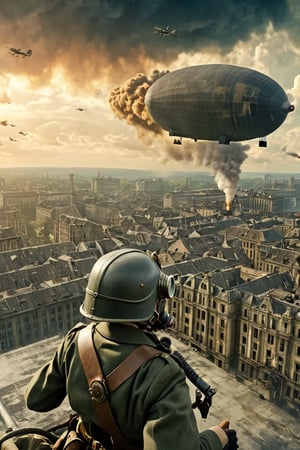 8K, UHD, panaromic perspective, photo-realistic, cinematic, female german soldier, first-person-view from top of building shooting at something, photo of many german steampunk blimps in sky, many fighter aircrafts, volumetric cinematic dark light, vintage tinted, dystopian lighting, masterpiece, dark clouds, world war 2, perfect composition, pilot with gas mask in blimp, dystopian skies, old photograph colour, war scene, battle, nazi soldier, tall building, devastation below, demolished buildings, multiple explosions, bombs dropping