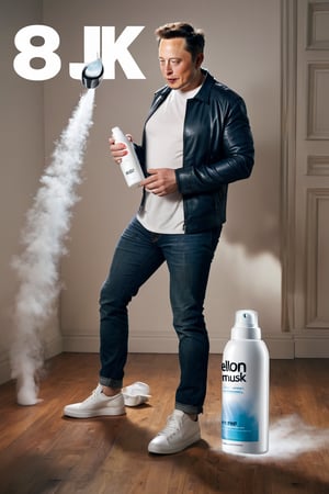 8K, UHD, wide-angle perspective, photo-realistic, cinematic, Elon Musk spraying deodorant on shoes, very fine vapour,  word "Musk" on bottle