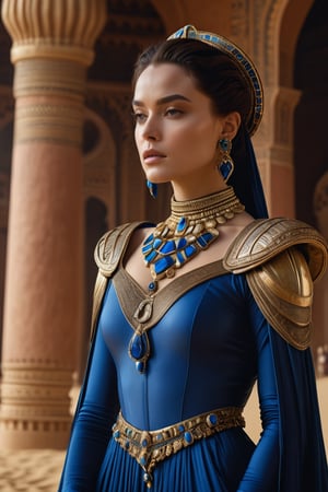 8K, UHD, full-body view, low-angle perspective, panoramic, photo-realistic, cinematic, scene from dune movie, portrait of beauty Atreides princess, adorned with jewellery, blue clothings, indoor beautiful palace bases