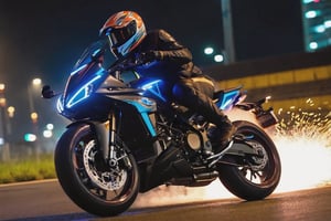8K, UHD, low angle perspective shot, photo-realistic, cinematic, dramatic angle crop, night street buildings scene with neon streaks, dark night, slow shutter speed, (big motorbike banking very super low:1.1) knee touching road, eyes seen through helmet, rider wearing gp racewear, beautiful 1800cc futuristic bike with neon lights, focused look, depth of field, small sparks on wheel, smoke on back wheel (chase by emergency vehicle in background:1.2)