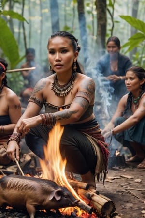 8K, UHD, full_body perspective shot, portrait, photo-realistic, cinematic, ancient mohicans civilization, multiple tribe members, female villagers roasting whole dead boar over fire, clothed, tribe village in the jungle, close to nature, perfect lighting, peaceful, tranquil, vintage photo, tattoos, dirt face, depth of field, bokeh