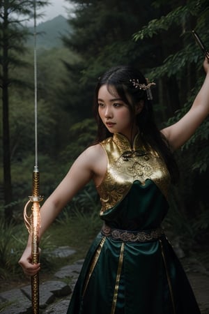dreamlike movie trailer of beautiful chinese wuxia girl in a magical forest swinging a shiny sword, wushu pose, surreal fantasy, highly detailed, in picturesque treetops mountains. Forlorn. Long Exposure. cinematic, atmospheric lighting, detailed foliage, surreal atmosphere, photo-realistic portrait