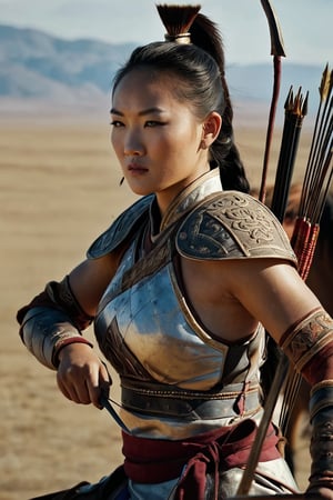 8K, UHD, panaromic shot, photo-realistic, cinematic, dark light, dystopian lighting, photo of ancient mongolians, female drawing arrow, multiple mongol warriors, tanned skin, perfect composition, detailed intricate ancient mongolian fashion, fighters shooting bows and arrows, swords, war scene, battle, detailed patterned headwear, fur, riding horses, sand volumetric, masterpiece, tents, charging on horses, gobi desert.
