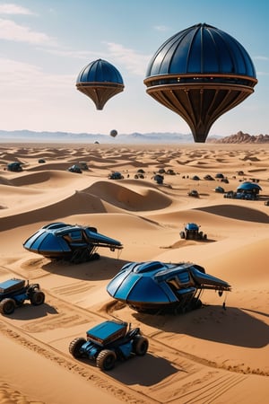 8K, UHD, low-angle perspective, panoramic, photo-realistic, cinematic, scene from dune movie, in desert, house of Atreides blue, many tall gigantic futuristic farm harvesters, flying craft in skies