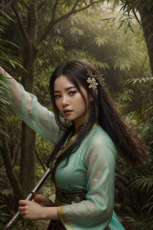 dreamlike movie photo of beautiful chinese sexy wuxia girl in a magical forest carrying a sharp sword, wushu pose, surreal fantasy, highly detailed, in picturesque treetops. Forlorn. Long Exposure. cinematic, atmospheric lighting, detailed foliage, surreal atmosphere, photo-realistic portrait, t5_face