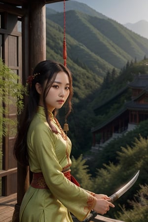photo-realistic portrait of beautiful chinese wuxia girl in picturesque treetop forest with mountain view, swinging a chinese sword,  Forlorn. Long Exposure. cinematic, atmospheric lighting, detailed foliage, jumping