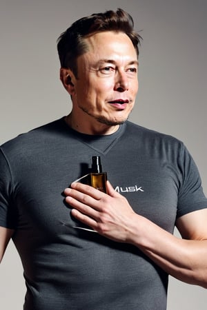 8K, UHD, wide-angle perspective, photo-realistic, cinematic, Elon Musk depressing nozzle of perfume, spraying perfume under his under arm, raised armpit, very fine spread vapour, clothed, word "Musk" on bottle