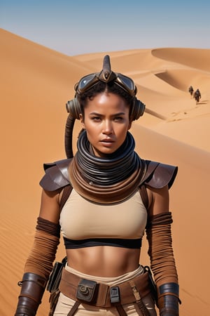 8K, UHD, wide-angle perspective, panoramic, photo-realistic, cinematic, realistic skin texture and natural skintone, many multiple tribesmen nomads with breathing apparatus,  advanced weapons, pretty girl nomadic desert tribe people, dangerous sand dunes, sandworm monsters, many huge spice harvesters, scene from dune movie, sandworms