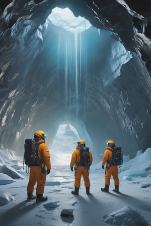 8K, UHD, wide-angle perspective, photo-realistic, cinematic, dystopian misty skies, antartica secret snow base, explorers and scientists in winter suit standing in deep tall underground cave, overlooking a different dimension, underworld filled with research building, reflective sky mirroring the actual world on the ground, lost in liminal space, ground oil drills. octane render, creepy caves, secret undiscovered world, many antarctica explorers wit experimental equipments, prehistorical mystery creatures