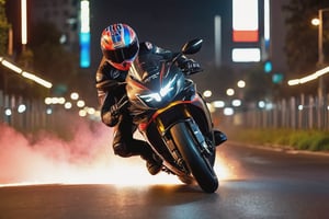 8K, UHD, low angle shot, photo-realistic, cinematic, dramatic angle crop, night street buildings scene with neon streaks, dark night, slow shutter speed, (big motorbike banking very super low:1.1) knee touching road, eyes seen through helmet, rider wearing gp racewear, beautiful 1800cc futuristc bike with neon lights, focused look, depth of field, small sparks on wheel, smoke on back wheel, wild chased by emergency car in background
