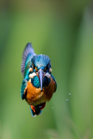 8K, UHD, perspective macro shot, photo-realistic, kingfisher
flying straight towards camera (head-on:1.2) centered, looking perfectly ahead, perfect lighting, speed movements, slow shutter speed, motion blur,